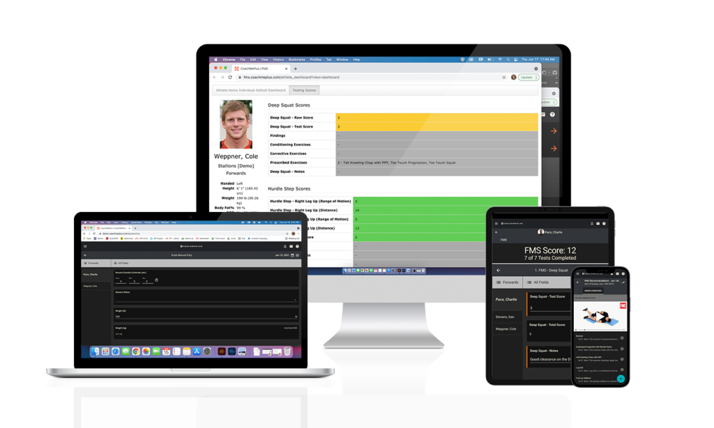 Screenshots of CoachMePlus software on various devices
