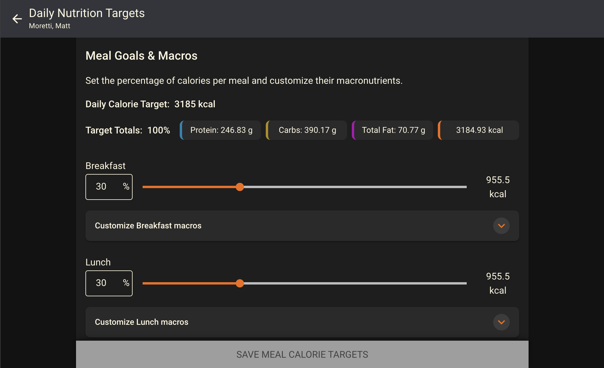Meal Splits in the Upgraded CoachMePlus Nutrition Module. 