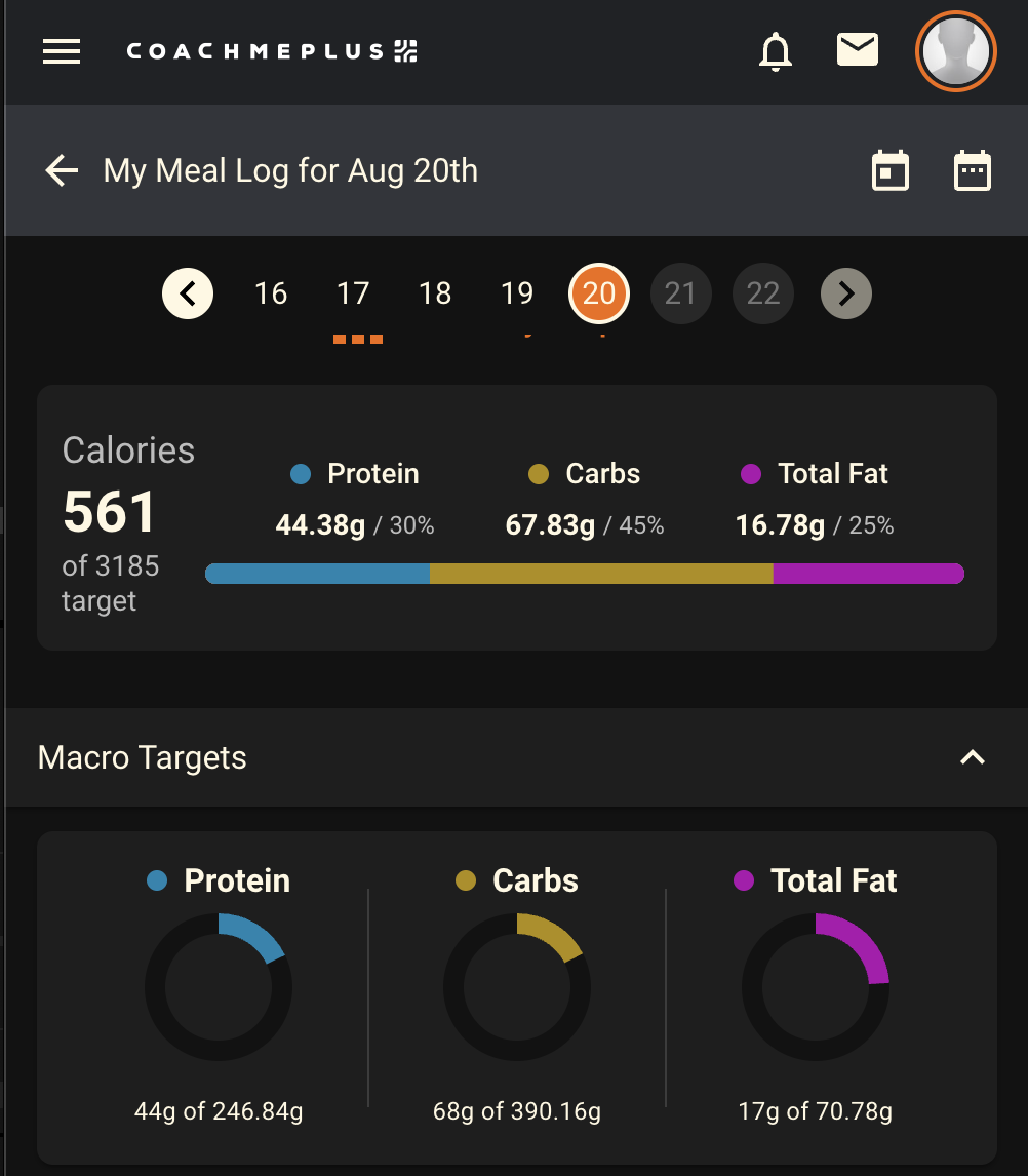 Athlete Profile Page displaying Nutrition in CoachMePlus